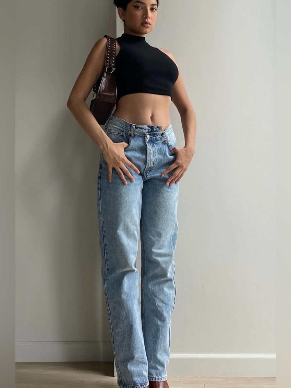 Princess Polly asymmetric straight-leg light wash oversized denim jeans SIZE 12